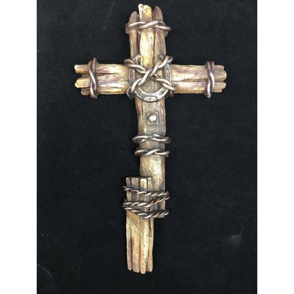 Cowboy Crucifix Western Wasll Cross Rustic Barbwire Horseshoe Rodeo Farmhouse - Picture 1 of 16